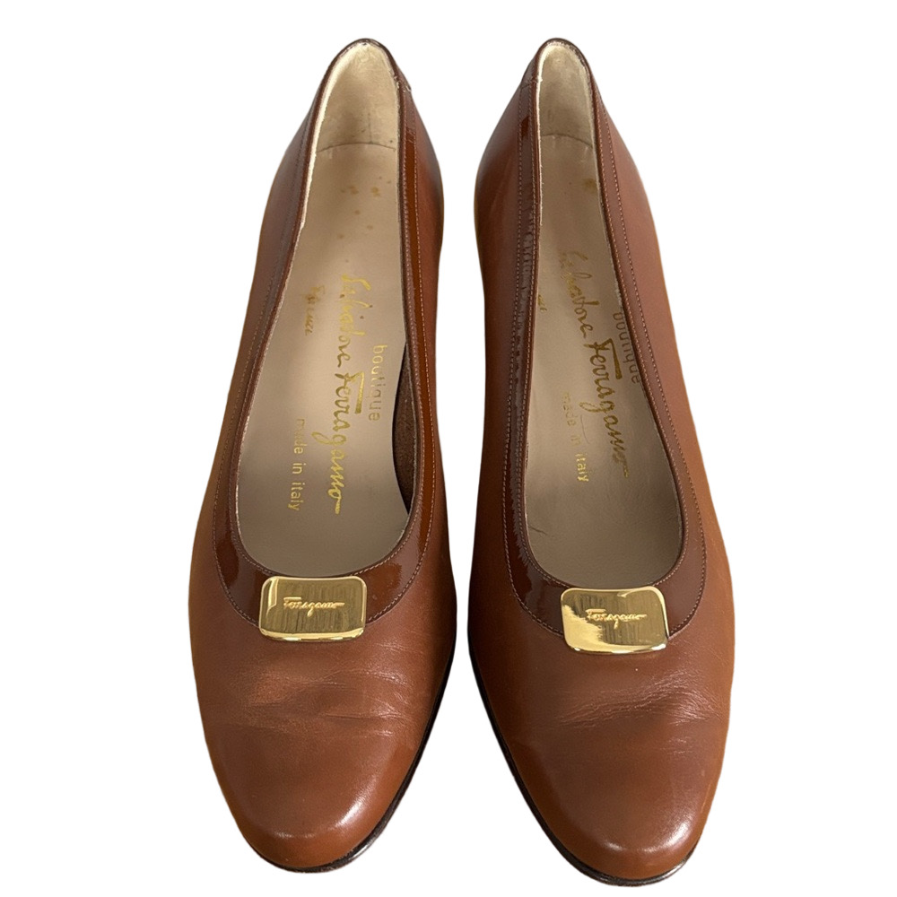 Salvatore Ferragamo Vintage Brown Calfskin Leather Pumps Gold-tone Logo Accent - Picture 5 of 8